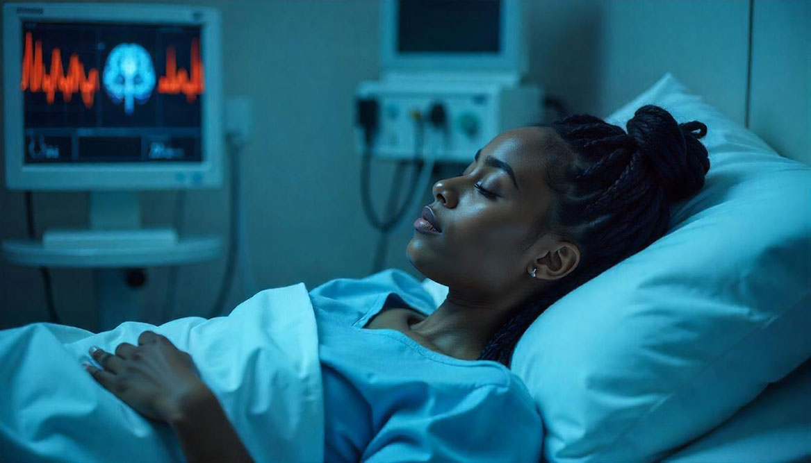 Patient undergoing sleep study monitoring in a clinical setting representing the diagnostic services available for sleep disorders in Hawaii